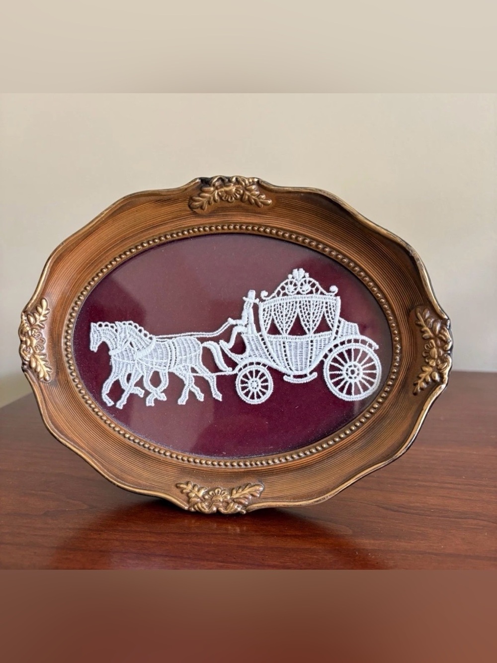 Vintage Bobbin Lace Horse Drawn Carriage in Oval Frame